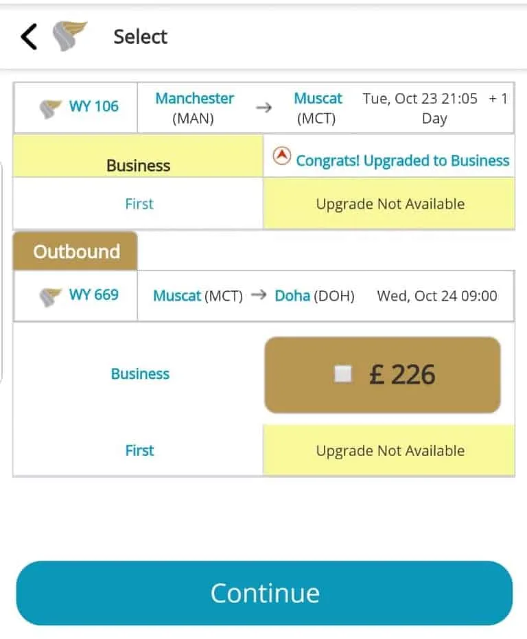 Upgrade offer from Oman air from Economy to business class