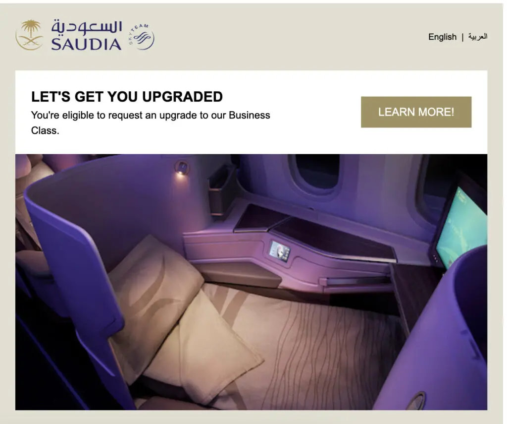 saudi airlines upgrade to business class email offer