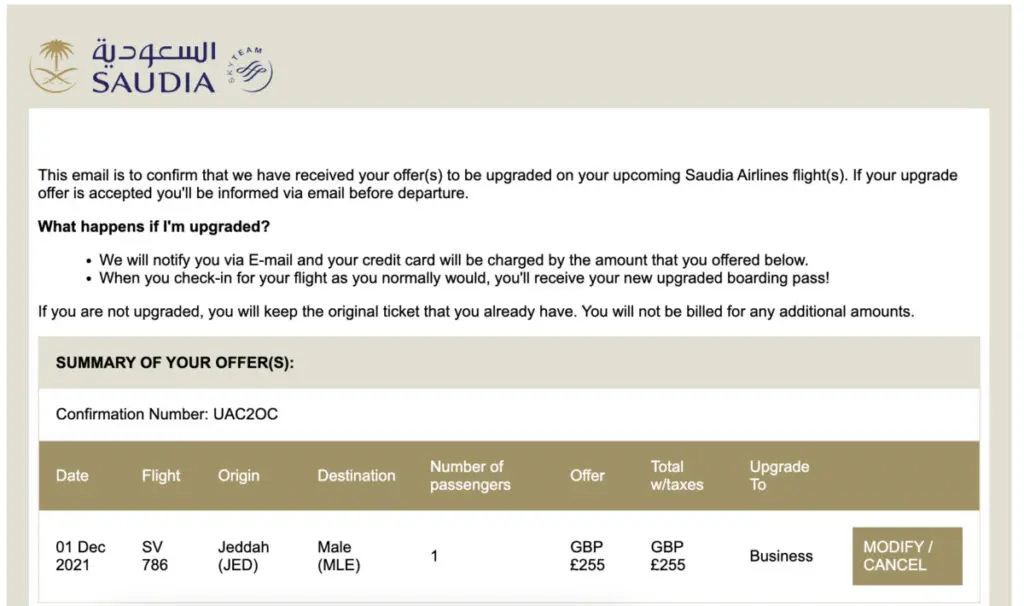 saudi airlines bidding offer for upgrade to business