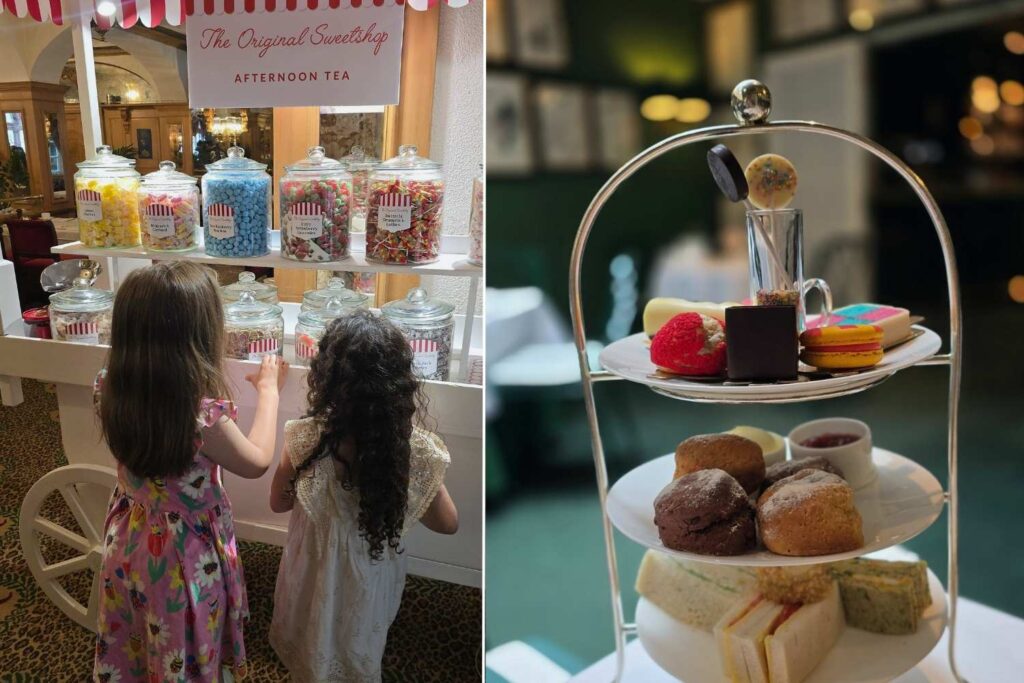
halal-afternoon-tea-london-two-girls-infront-of-a-sweet-trolley