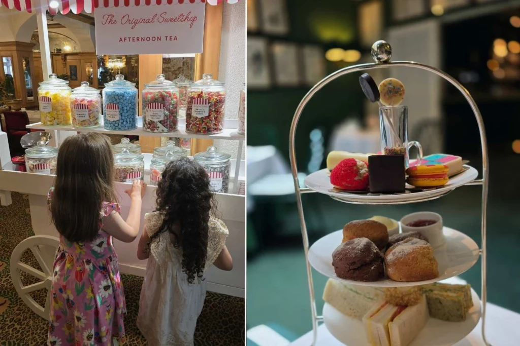 
halal-afternoon-tea-london-two-girls-infront-of-a-sweet-trolley